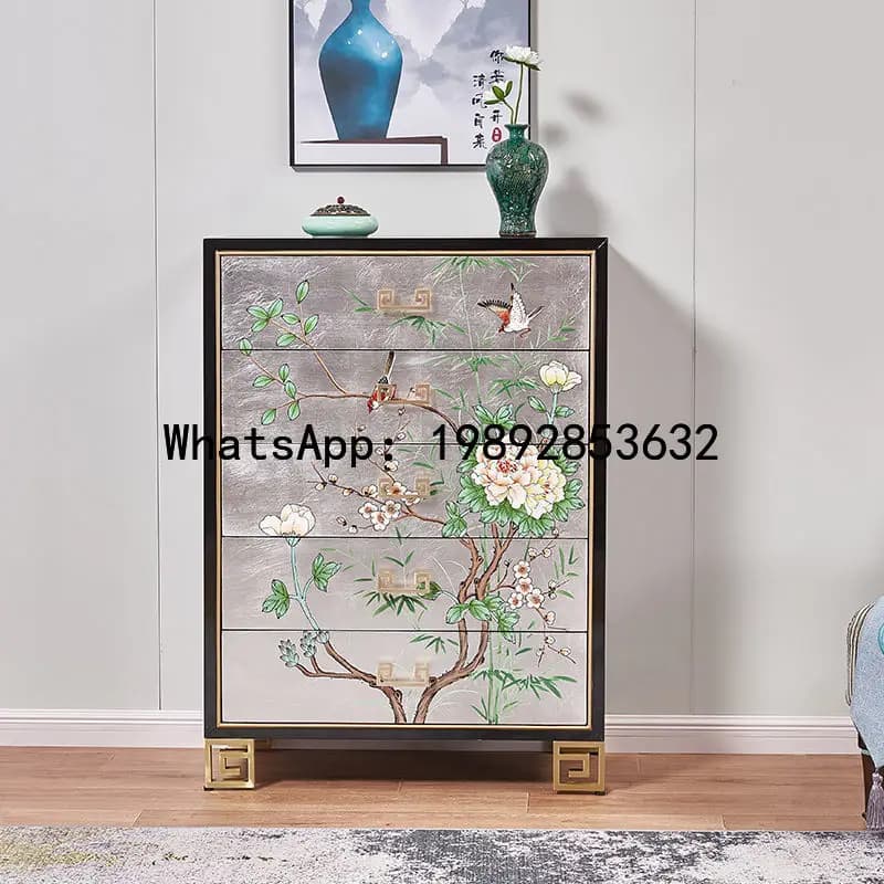 BF  New Chinese Style Painted Solid Wood Living Room Five-Drawer Cabinet Storage Cabinet American Silver Foil Storage Cabinet