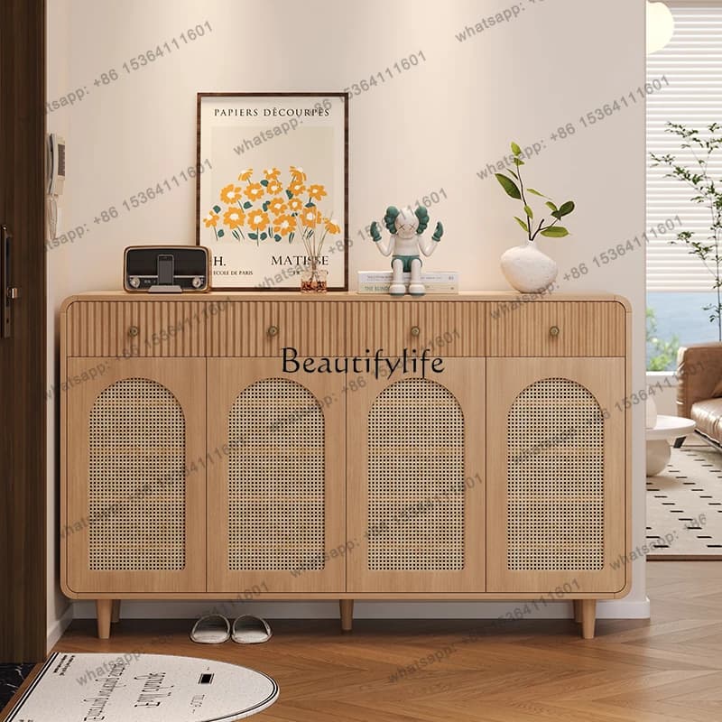 56Medieval rattan woven solid wood shoe cabinet household door storage integrated wall ultra-thin locker