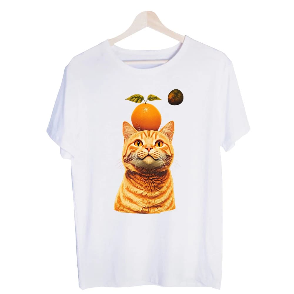 Men's Cat and Orange Fruit Graphic Tee, Short Sleeve Crew Neck T-Shirt for Casual Daily Wear
