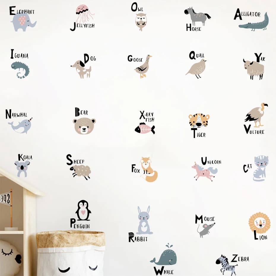 Cute Animals Alphabet English Word Kids Wall Stickers for Nursery Kindergarten Classroom Decor Window Door Tile Bedroom Decals