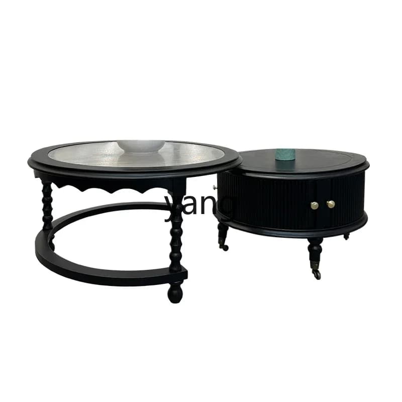 LH retro solid wood round coffee table living room home light luxury old glass high-end tea table