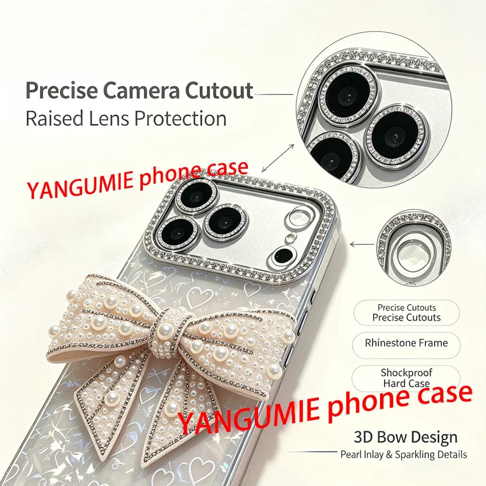 Delicate heart shell pattern, suitable for iPhone 17 Pro Max / iPhone 15 phone case material 11/14, with bow and wrist strap