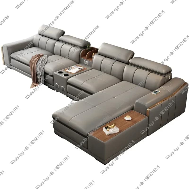 XS MANBAS Italian Genuine Leather Sectional Sofa With Speaker,USB | Futuristic Furniture L Shape Couch Living Room Big Sofas Set