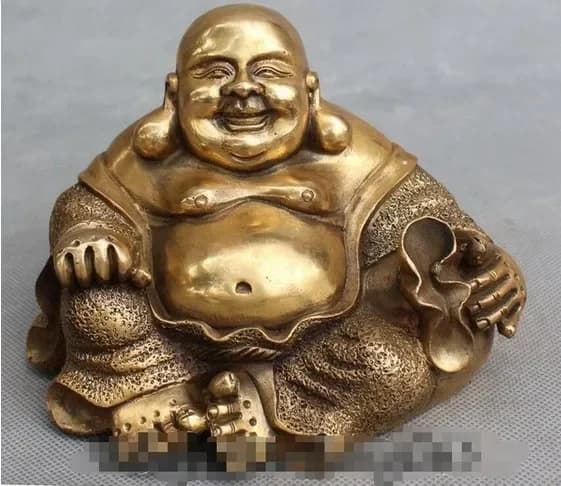 6"Old Chinese Folk Sit Happy Laugh Maitreya Buddha sculpture Statue