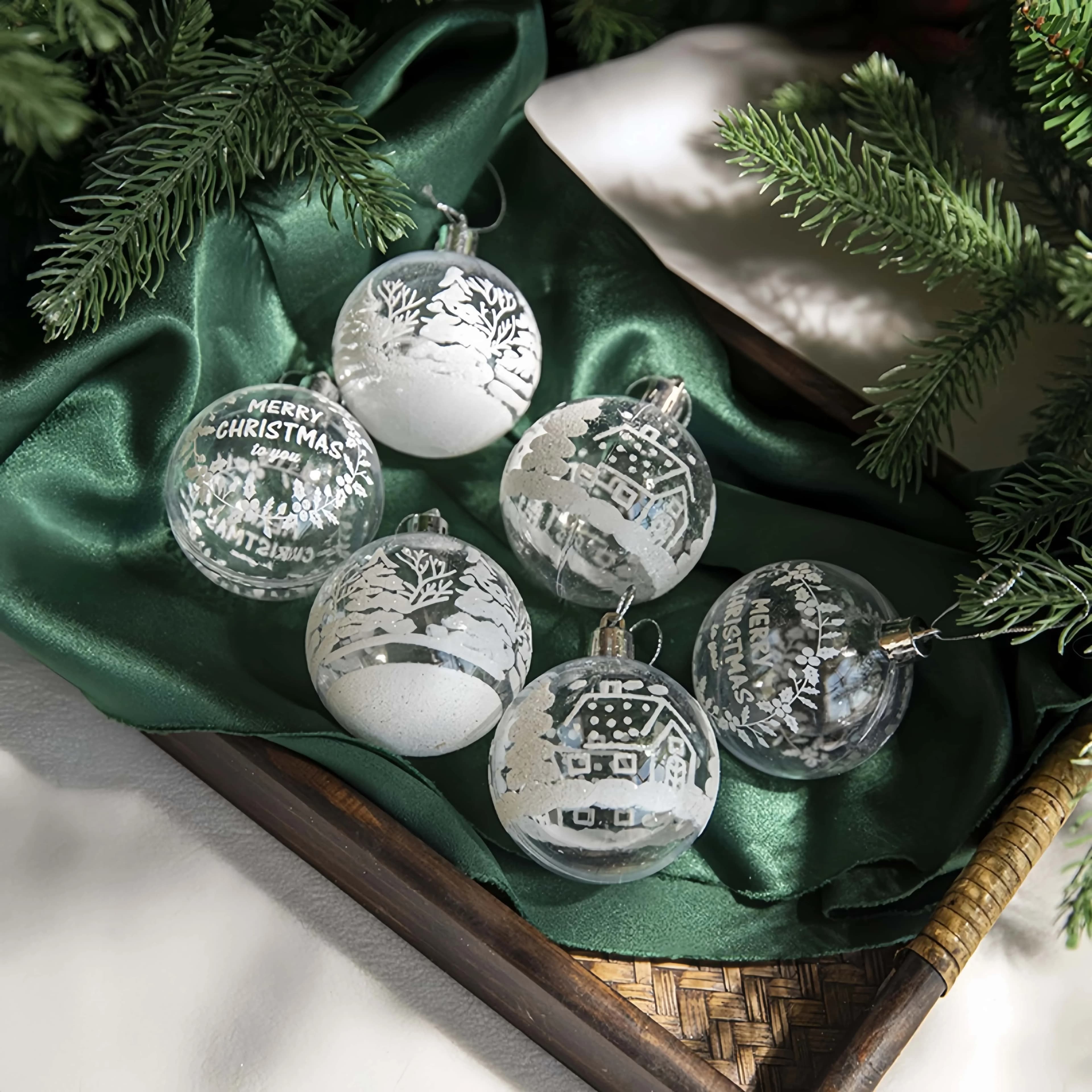 6Pcs Clear Plastic Christmas Baubles Set Hanging Transparent Xmas Ornament Balls with White Snow Scene Print for Christmas Tree