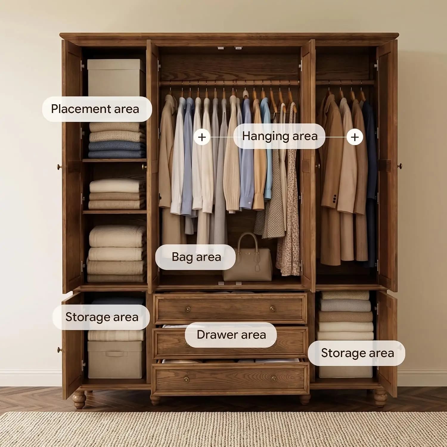 Vintage Solid Wood Wardrobe Closet with Doors,Walnut Finish