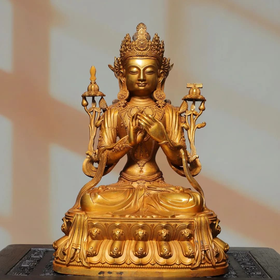 Old Bronze Gilded Cinnabar Vajrapani Vajradhara  Sitting Buddha Amitabha Buddha Lotus Terrace Worship Hall Town house