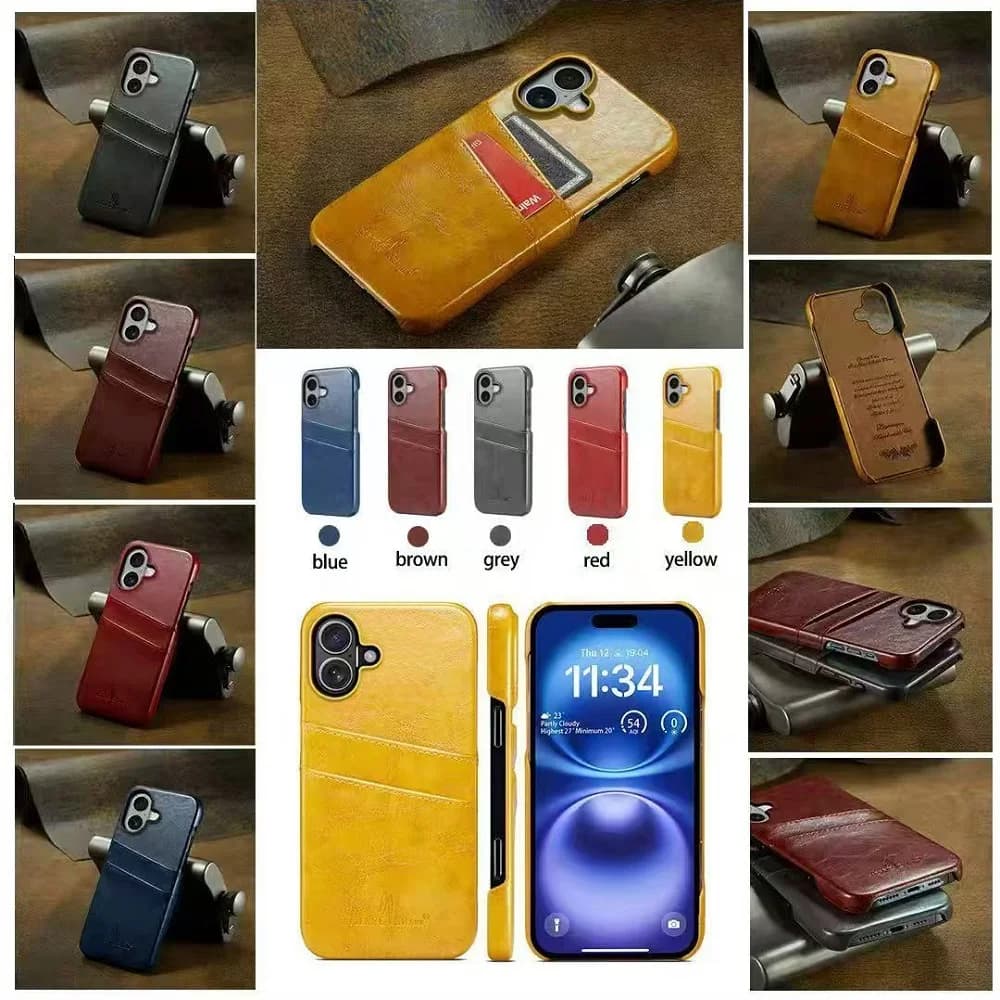 Solid Color Leather Back Wallet Card Case Slots for iPhone 17 Air 16 15 14 Plus 13 12 Mini 11 Pro Max with Hard Protective Cover