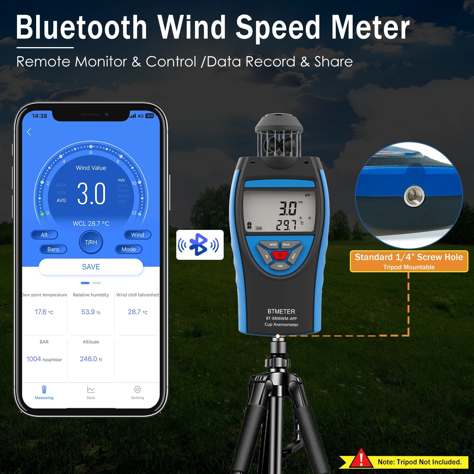 BTMETER 0.3~42m/s Digital Anemometer,Bluetooth Wind Speed ,HVAC Avg Air Volume,CFM Altitude, Barometric Pressure，8806-WM-APP