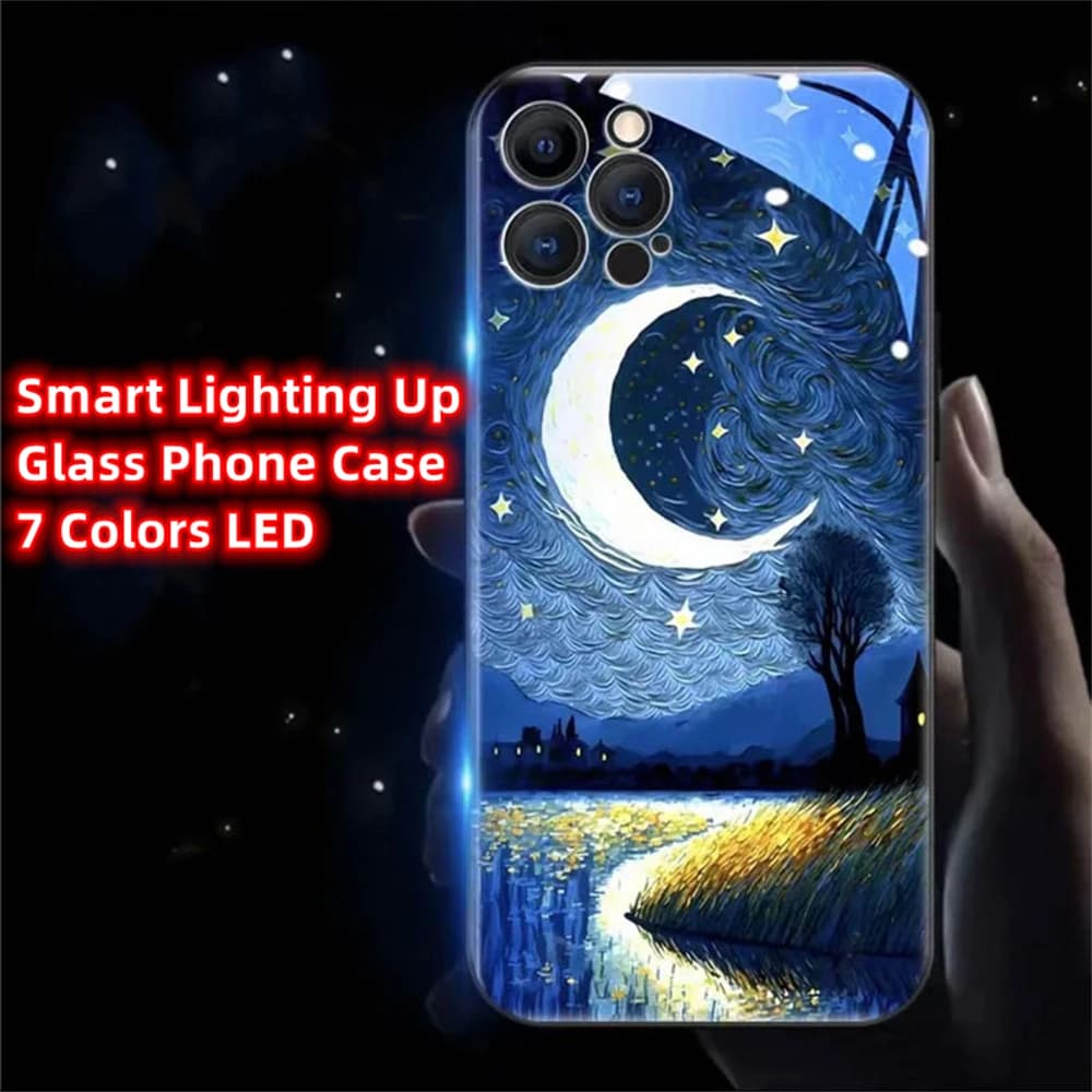 Pretty Oil Painting Art Design Smart LED Light Glow Tempered Glass Phone Case For Samsung S26 S25 S24 S23 S22 S21 S20 Plus Ultra