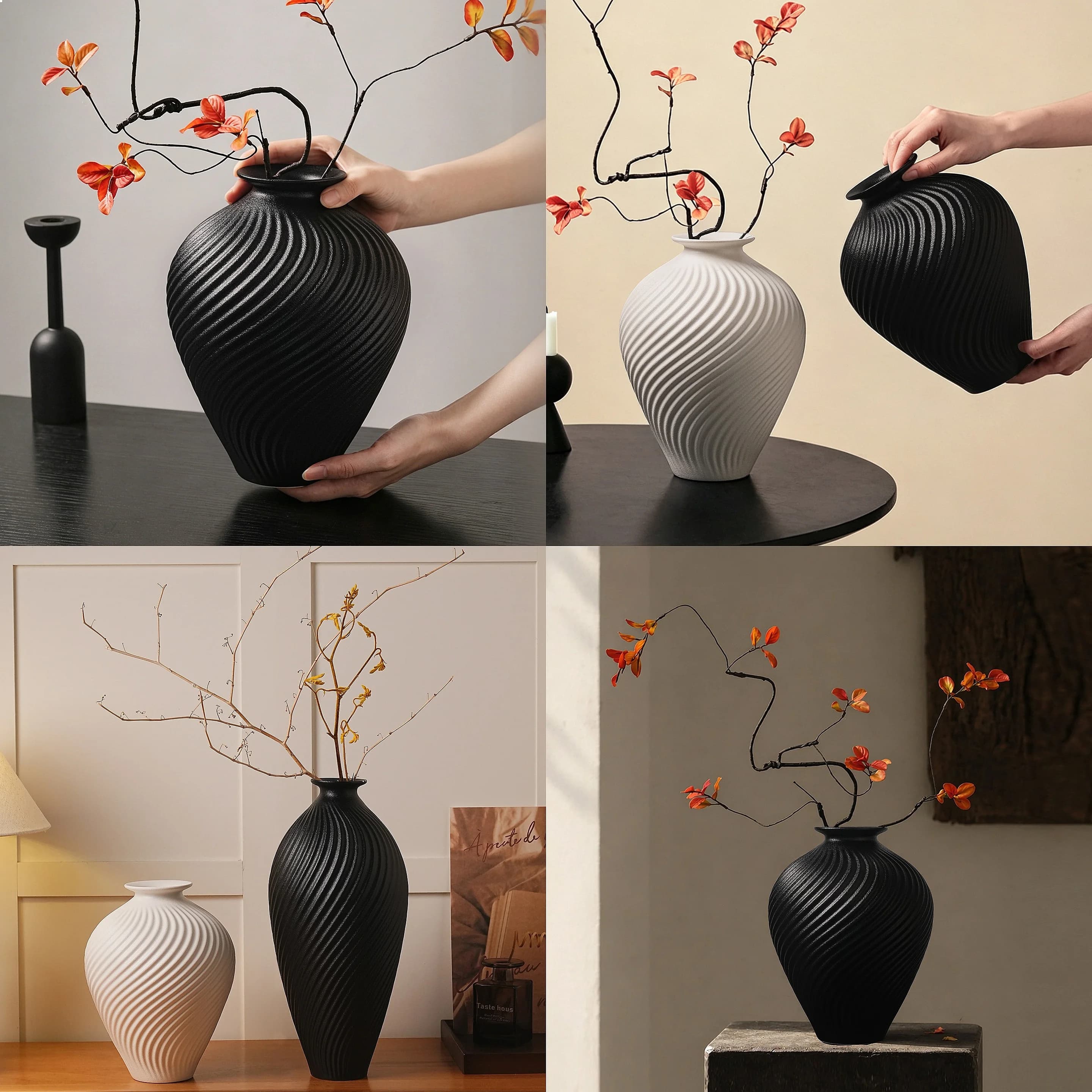 Black Spiral Pattern Ceramic Vase Wabi-Sabi Style Home Decor Table Centerpiece for Living Room