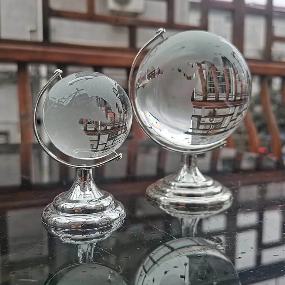6/8cm Round Earth Globe World Map Crystal Glass Clear Ball Sphere Figurine With Metal Holder Home Decor Office Desktop Ornament