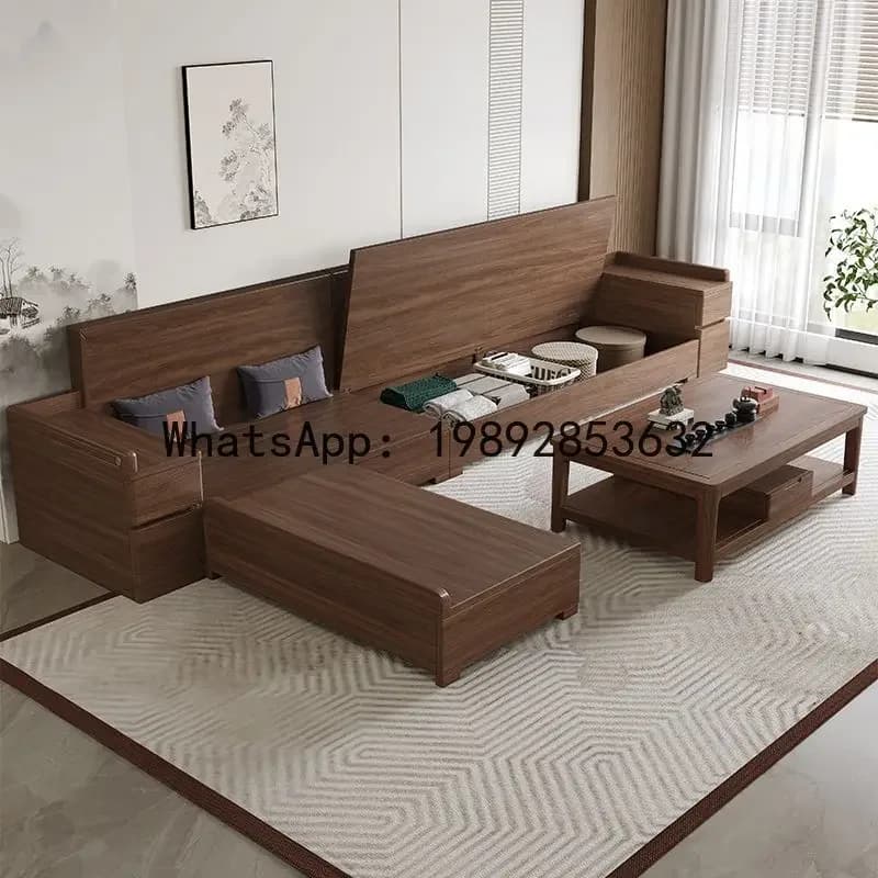 W27-  solid wood sofa - modern chinese style corner sofa set with storage for small living rooms