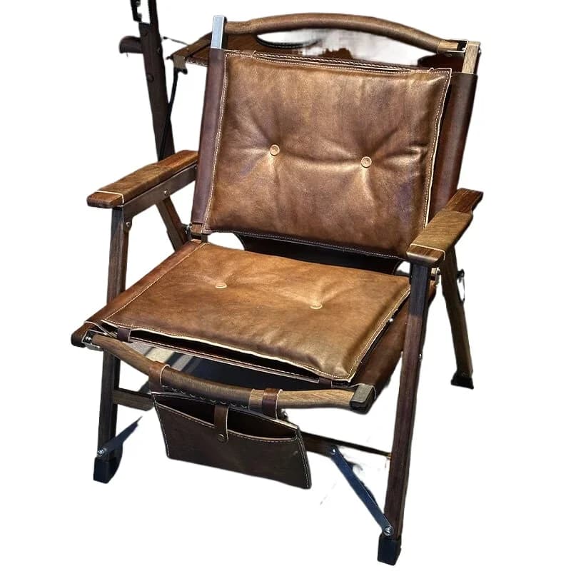 Leather Goods Design Solid Wood Outdoor Camping Kermit First Layer Cowhide Portable Folding Chair
