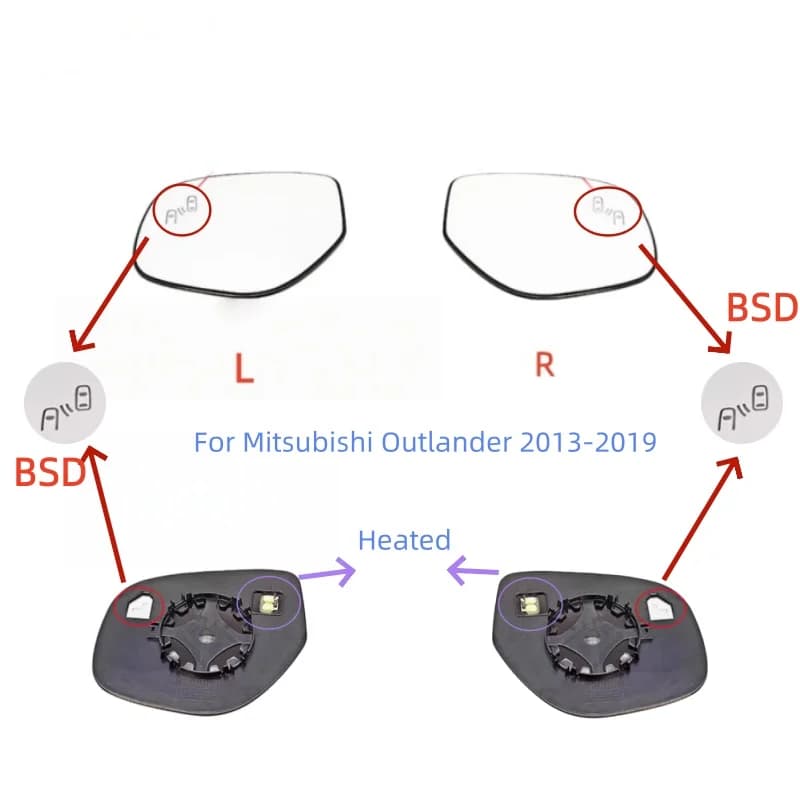 For Mitsubishi Outlander 2013 2014 2015 2016 2017 2018 2019 Auto Heated Blind Spot Warning Wing Rear Mirror Glass