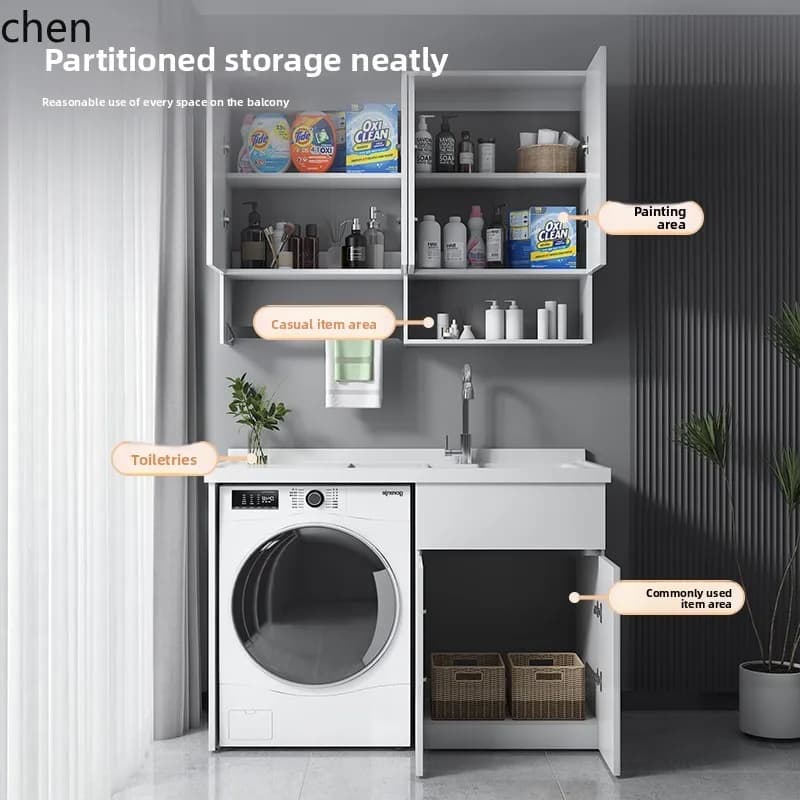 HYS Balcony Laundry Sink Basin with Washboard Companion Drum Washing Machine Cabinet Set