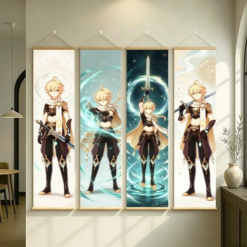 Hanging Scroll Wall Art of Genshin Impact Aether with Teal and Gold Glow, Silver Shimmer Canvas for an Anime Bedroom