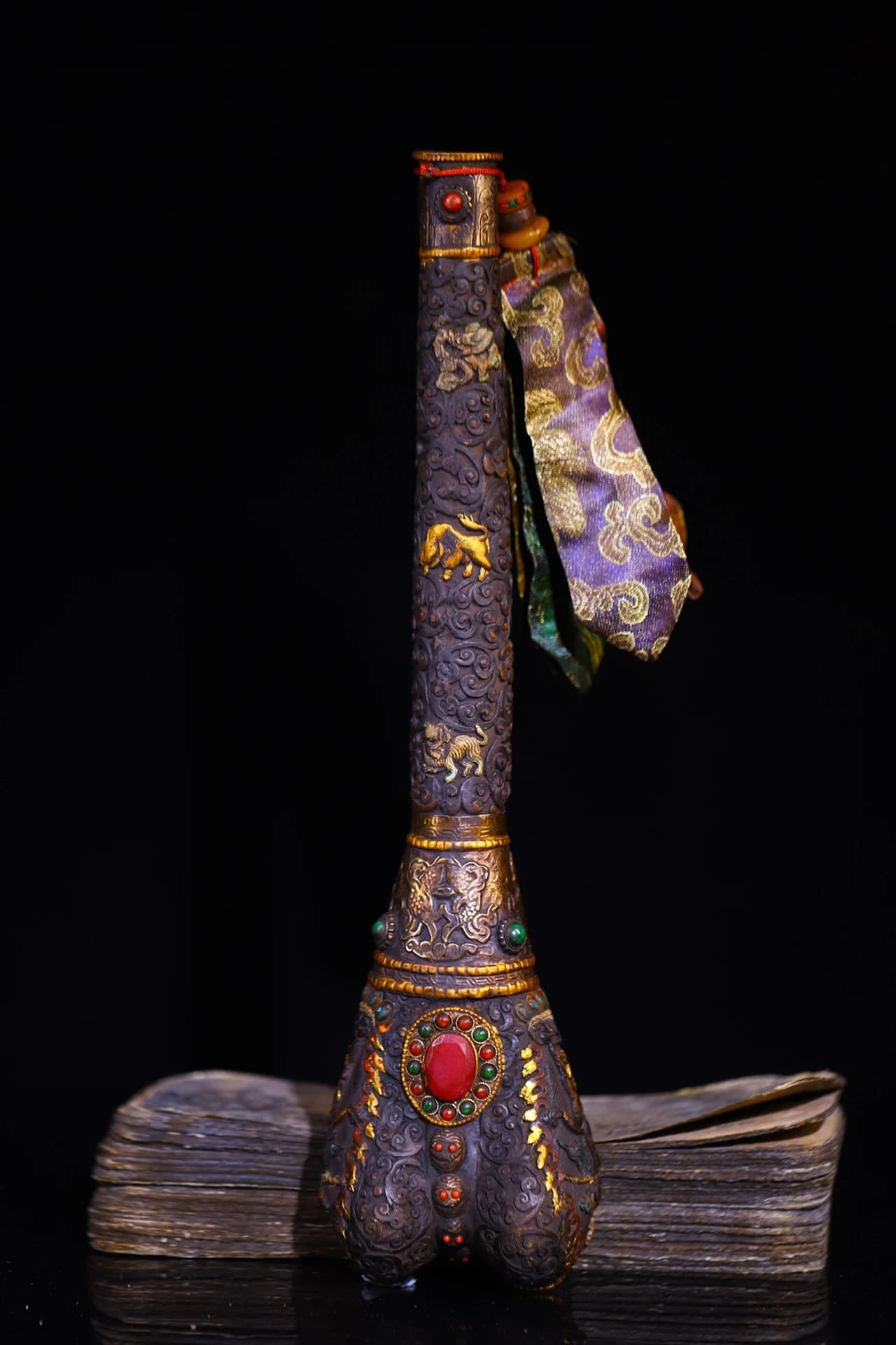 14"Collection Old Yak Bone Mosaic Gem Kangling Trumpet Horn Amulet Buddha Horn Worship Hall Town house  Exorcism