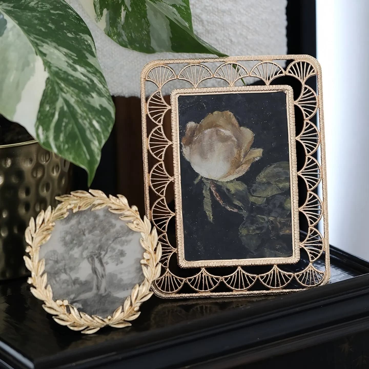 Vintage 6 Inch Filigree Metal Picture Frame, Ornate Carved Tabletop Display Frame, Antique Photo Holder for Desk Shelf Decor