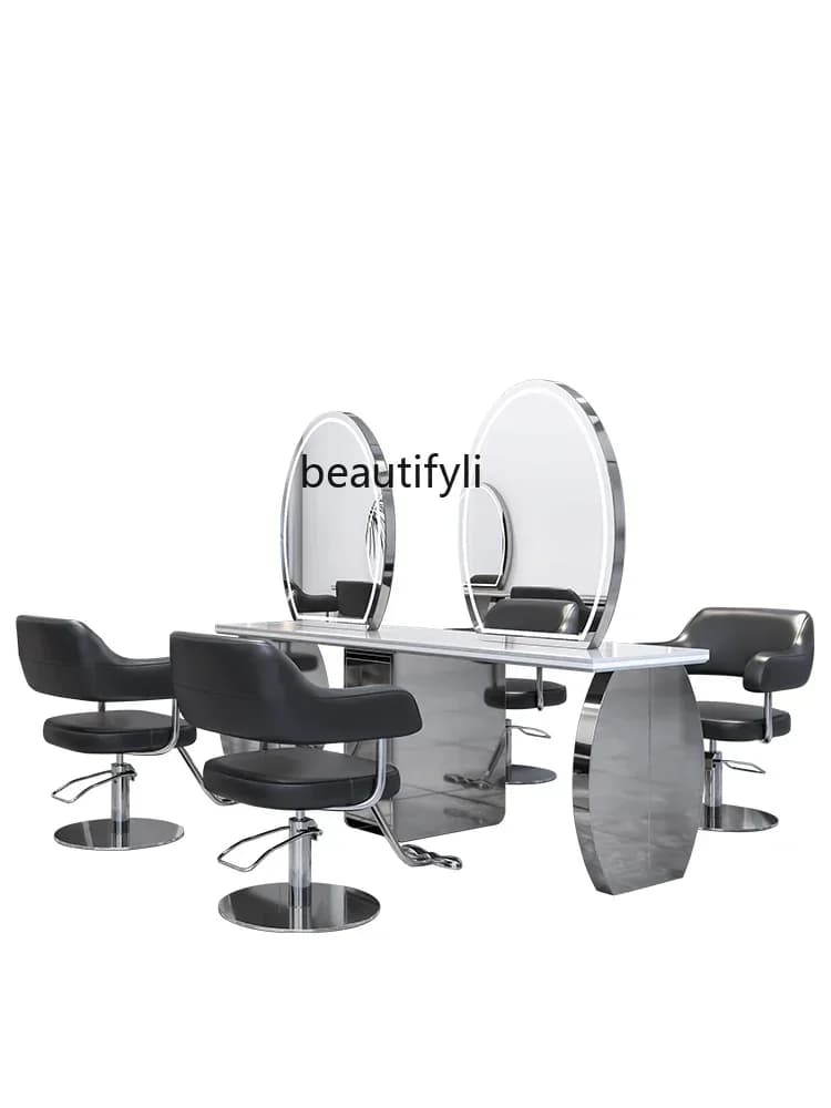 cc182l Hair salon special stylish haircut mirror marble cabinet integrated hair cutting perm dyeing table