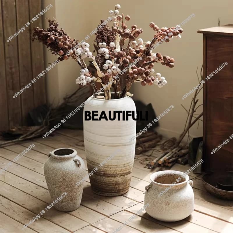Floor-to-ceiling large vase ornament New Chinese-style retro flower arrangement dead branch ceramic bottle hotel