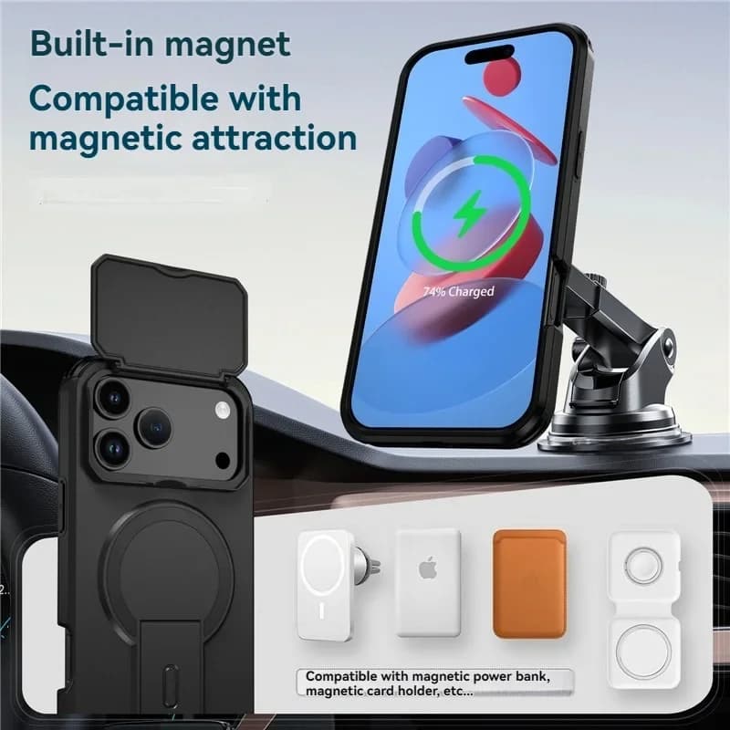 Shrink Bracket Hard Phone Case for iPhone Air 16e 15 14 Plus 13 12 11 17 Pro Max With Back Support Magnetic Charging