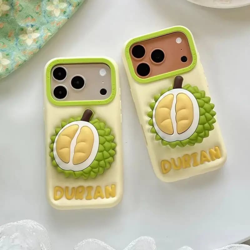 Cute Novelty 3D Durian Air Bracket Phone Case for 17 Pro Max Tropical Fruit Pop Grip Silicone Protective Cover for iPhone 16