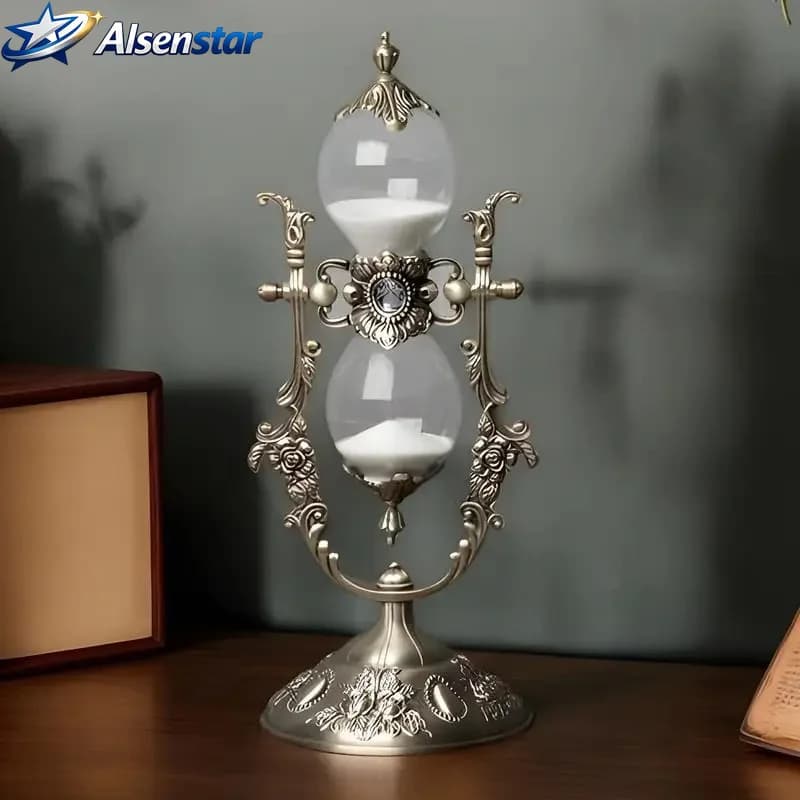 Vintage 15 Minute Hourglass Sand Timer, Large Brass Engraved Rotating Sand Clock Stand, Antique 15 MIN Glass Sandglass for Home