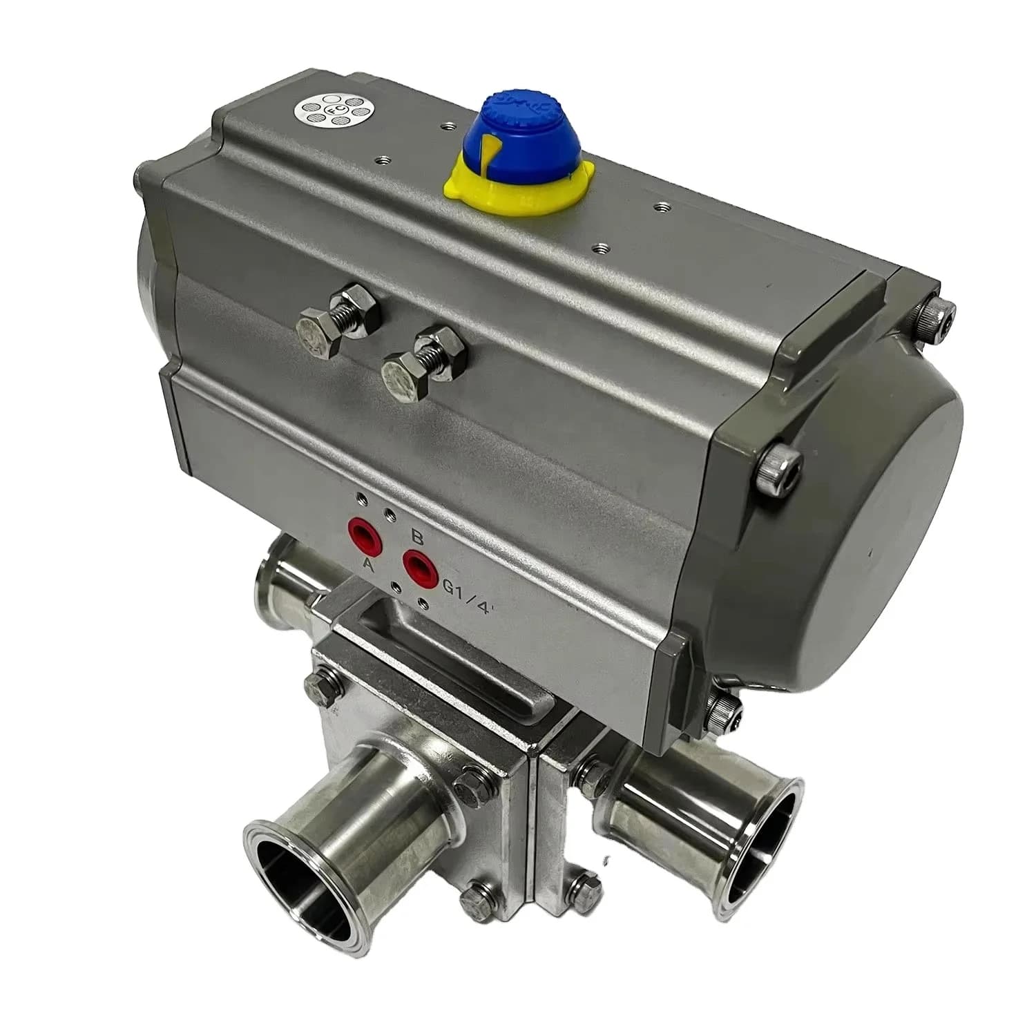 2Inch TC64MM Sanitary Stainless Steel SS304 Double Acting Pneumatic Three Way T Port Clamped Square Aseptic Ball Valve for Water