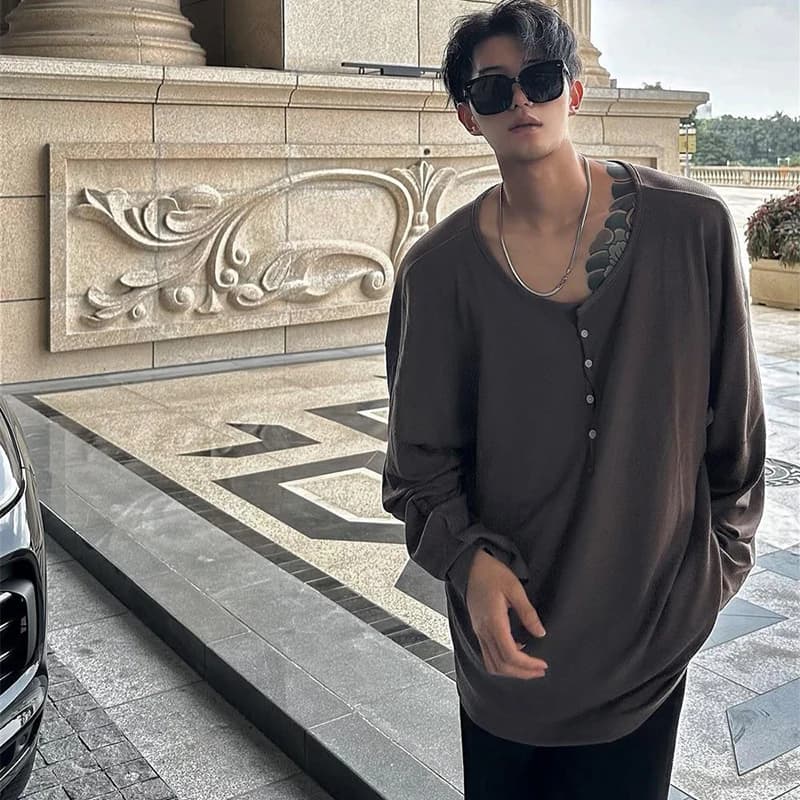 Summer Thin Long Sleeve Men Henry Collar T Shirts Solid Fashion Simple Lazy And Relaxed Outfit Oversized Clothing Daily Shopping