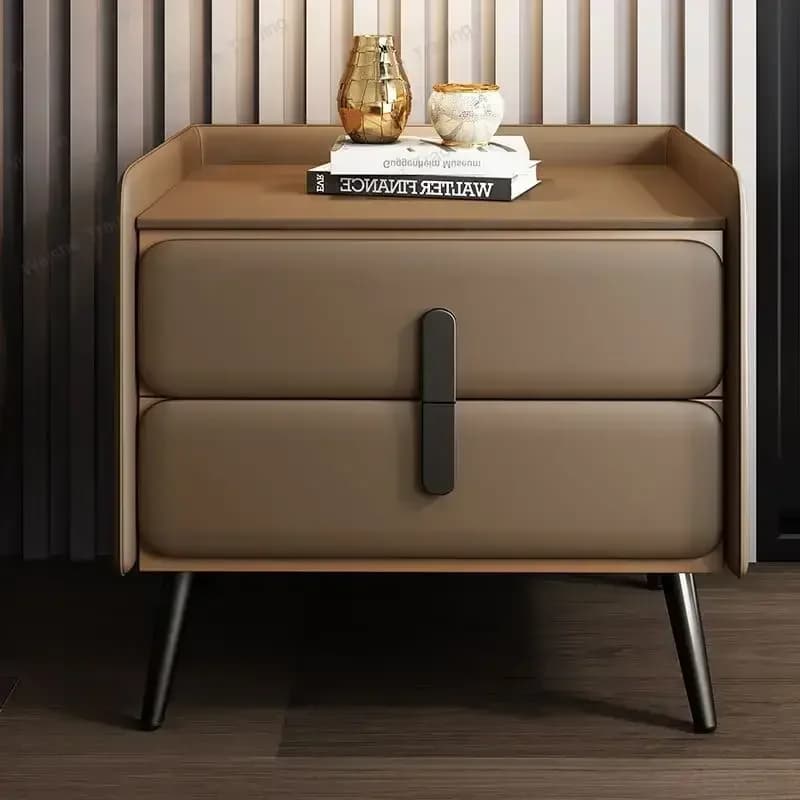 Leather Nightstand with Double Drawers, Modern Minimalist Bedside Table with Metal Legs, Stylish Storage Cabinet for Bedroom