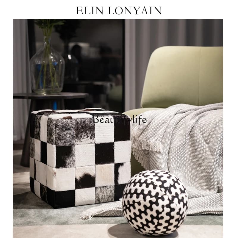Modern simple black and white checkerboard stool light luxury cow skin pier living room shoe changing stool