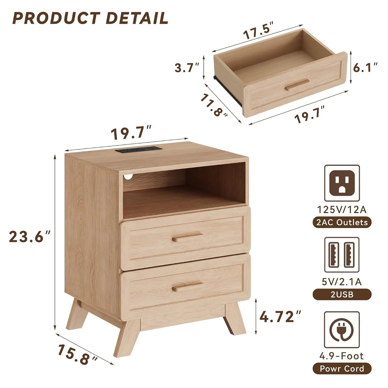 Natural Nightstand with Charging Station, 23.6" Tall Bedside Table | Rounded Drawers Design, Sturdy 4-Leg Support,, Customized