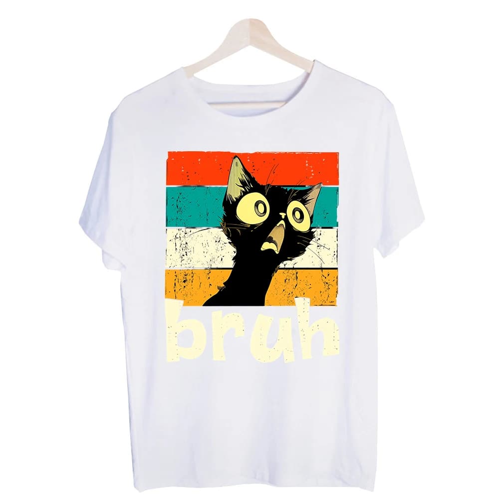 Men's Black Cat Graphic Tee, Short Sleeve Crew Neck T-Shirt with Vintage Striped Design for Casual Daily Wear
