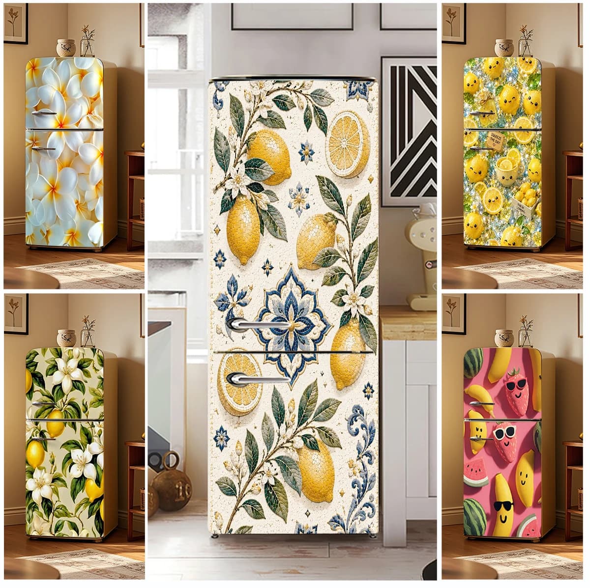 Cute Fruit Face Fridge Sticker Waterproof Self-adhesive Peel and Stick Refrigerator Cover Decal Wall PosterKitchenDecorFruitFunX