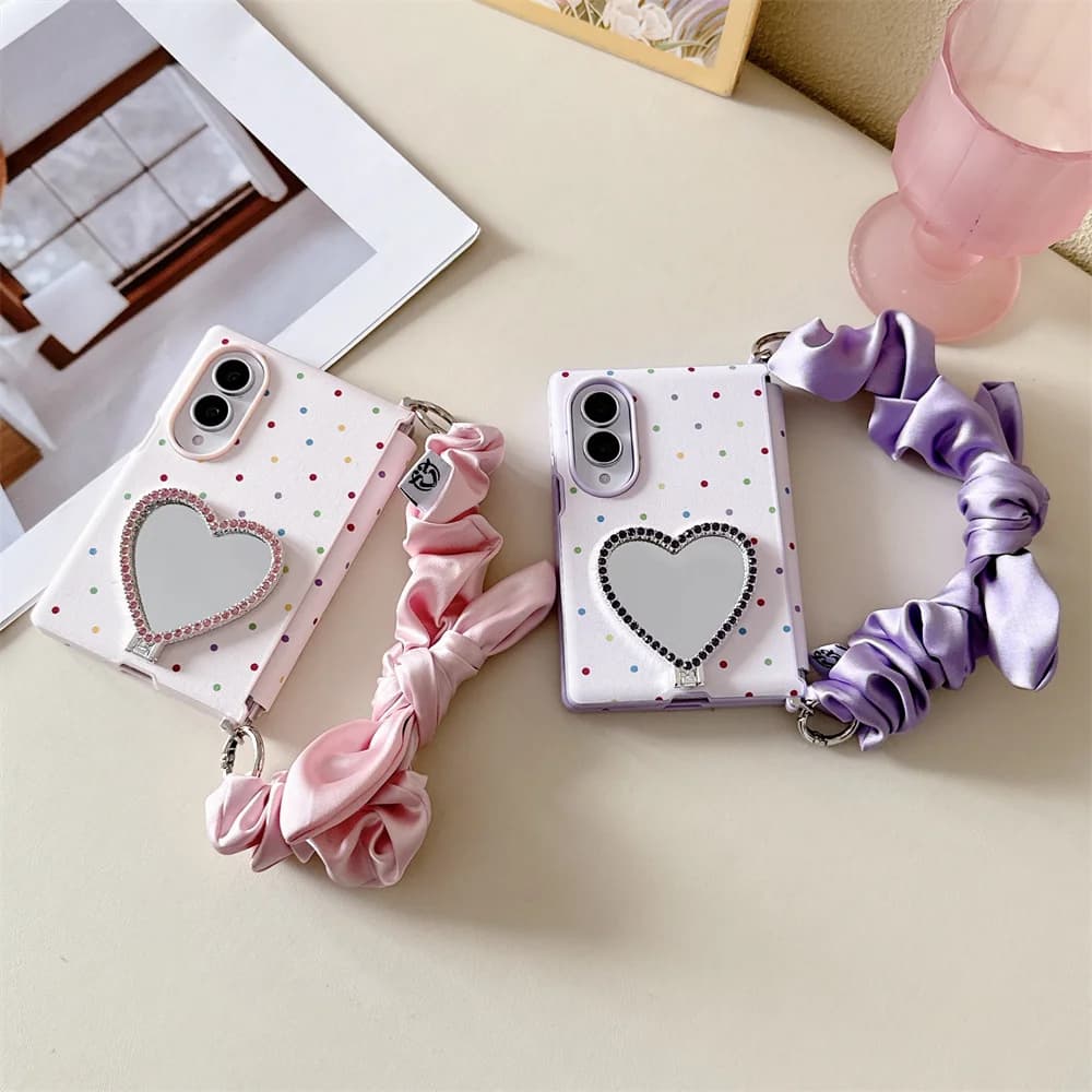 Kawaii Multi‑Color Dot Pattern Case For Samsung Galaxy Z Fold 8 With Silk Wristband Hard Fold Shell Shockproof Protective Cover