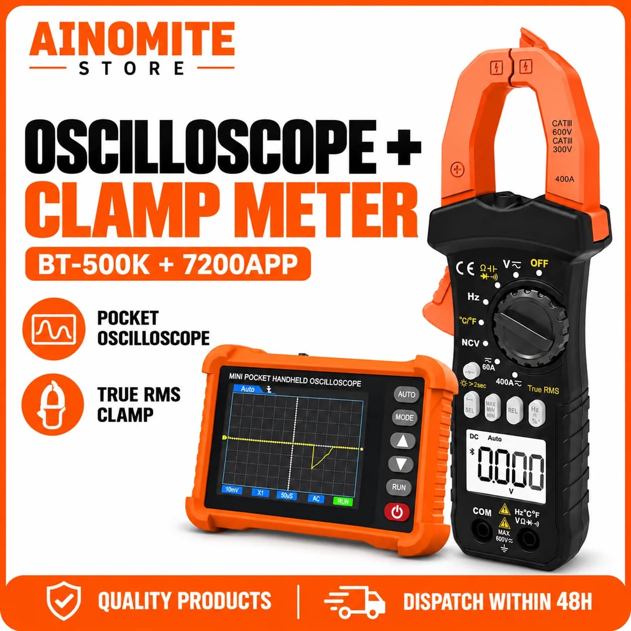 Oscilloscope Clamp Meter Combo Kit, 500kHz Handheld Scope with TRMS Digital Multimeter 9999 Counts for Automotive Electrician