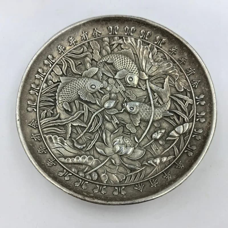 Bronzeware Lotus Fish Solid White Bronze Silver Plate Tray Home Office Antique Decorative Item