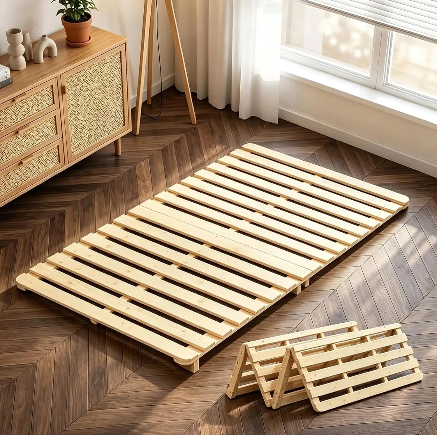 Floor Bed Frame, Foldable Japanese Tatami Bed Frame for Futon Mattress | Solid Wood Slats , Breathable, Customized