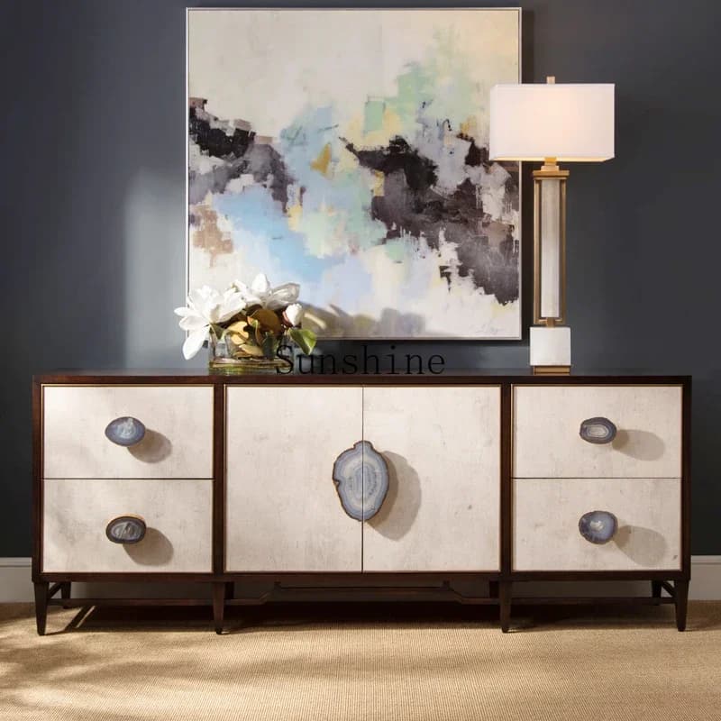 American solid wood dining side cabinet TV cabinet Simple modern agate stone handle  FT