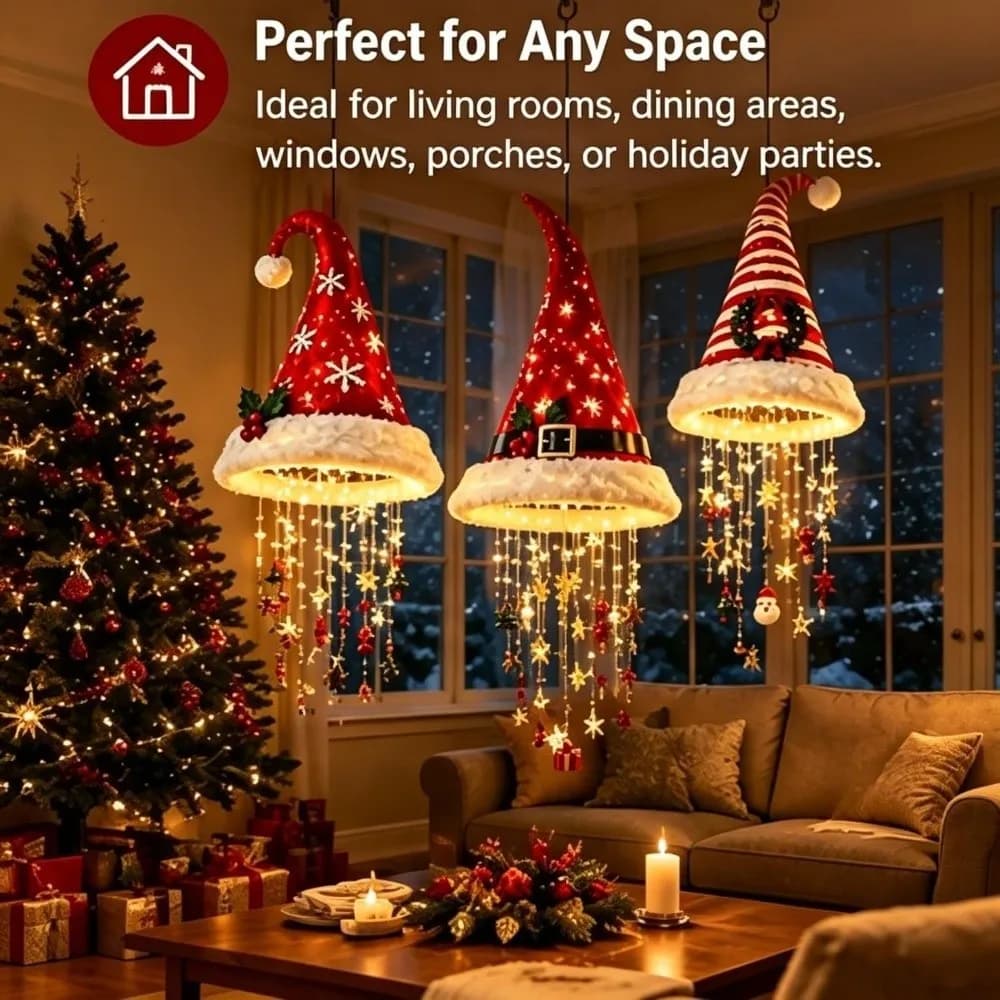 Romantic Christmas Hat Hanging Light Warm Light with Tassels Christmas Decor Lamp Night Light Snowflake