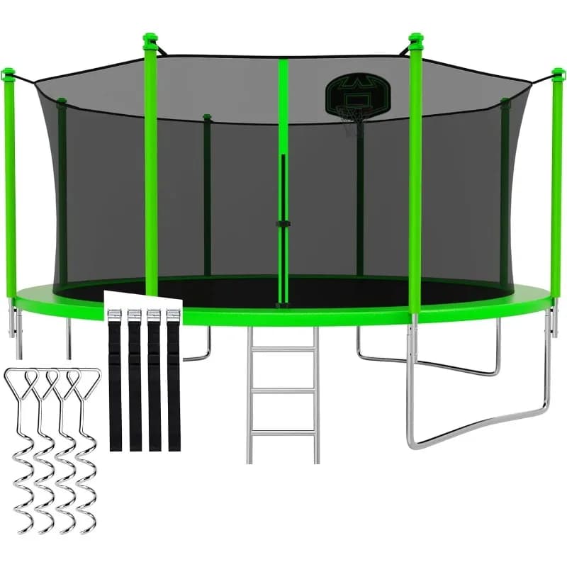 1500LBS 8 10 12 14 15 16 FT Tranpoline for Adults Kids with Safety Enclosure Net Basketball Hoop Ball Wind Stakes and Ladder Hea