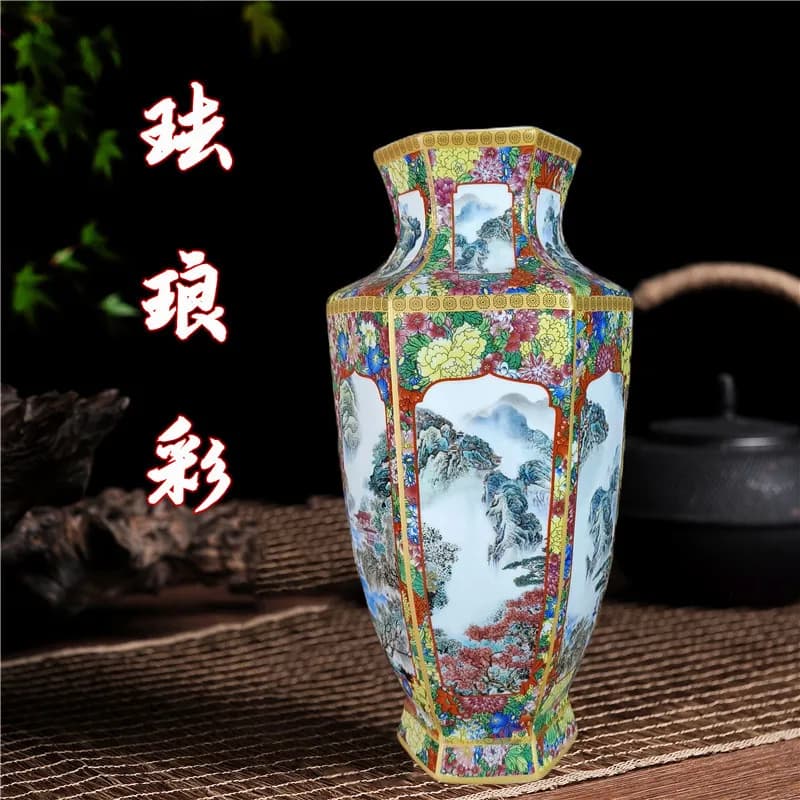 PYJ Jingdezhen ceramic vase antique pastel landscape hexagonal  flower arrangement ornament study Bogu