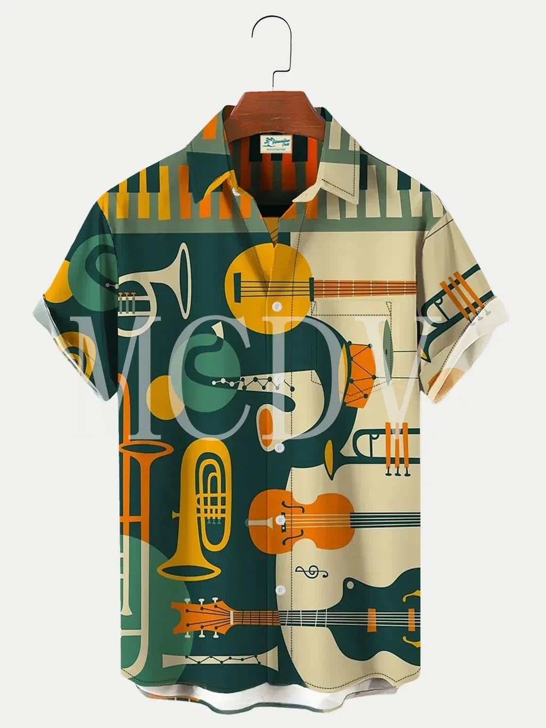 Men's Vintage Jazz Instrument Art Painting Print Short Sleeve Shirt Hawaiian Shirts