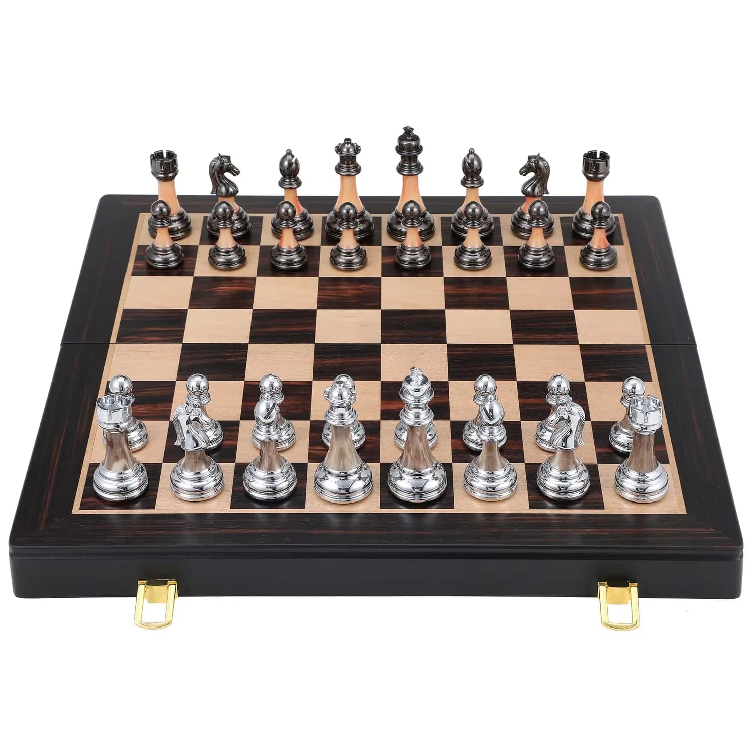 King Tall 3.5 Inch Staunton Silver & Black  Anodized Metal Finish Chess Triple  Weighted Chess Set in Wooden Chess Board Box