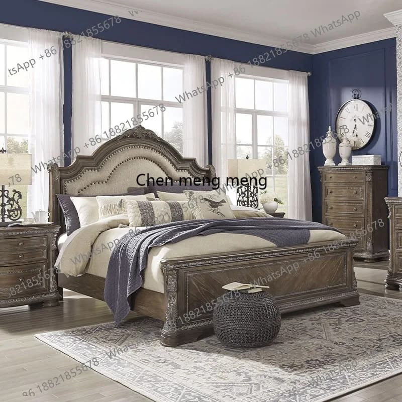 Retro high-end cotton and linen backrest oak solid wood bed American rural light luxury 1.8 meters double bed