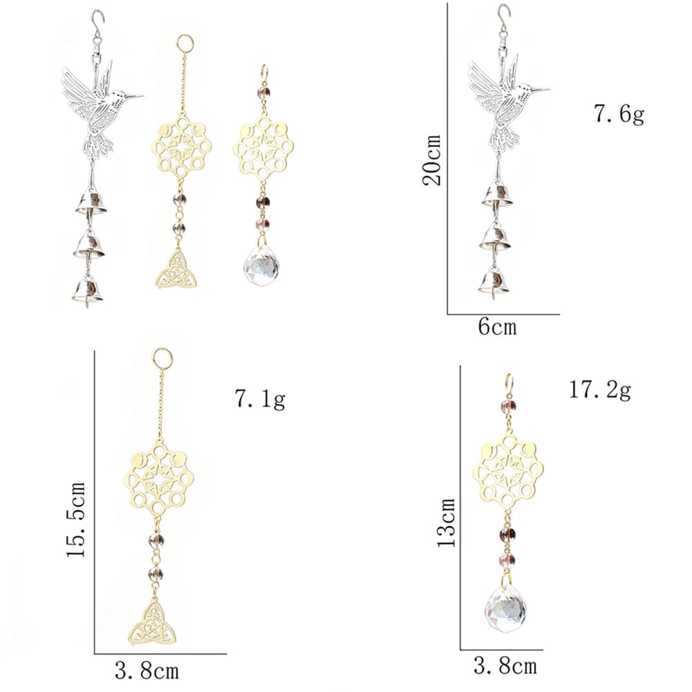 Hummingbird Triple Bell Moon Phase Celtic Knot Hexagram Metal Wind Chime Ornament Glass Crystal Bead Pendant Balcony Porch Decor
