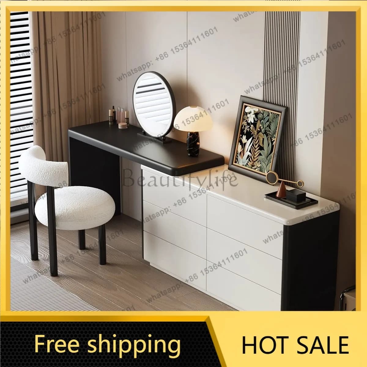 LDBalck and White Vanity Desk Set with Mirror Chest of 6 Drawers Integrated Bedroom Makeup Table Large  Dresser
