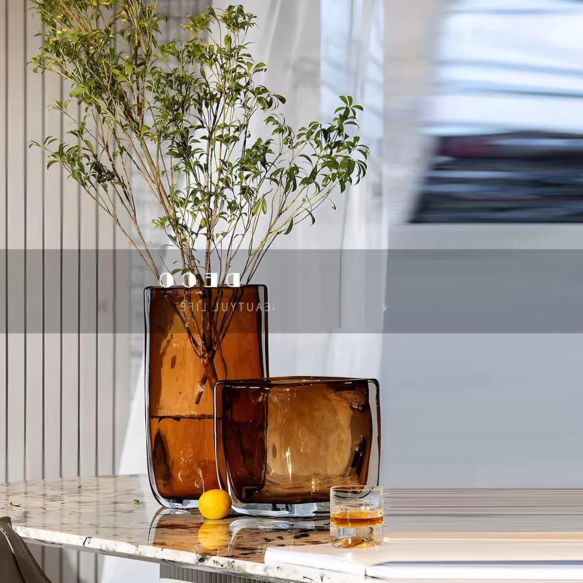 k%#A light luxury glazed vase square mouth flower device model room living room hotel hydroponic flower arrangement vase orname