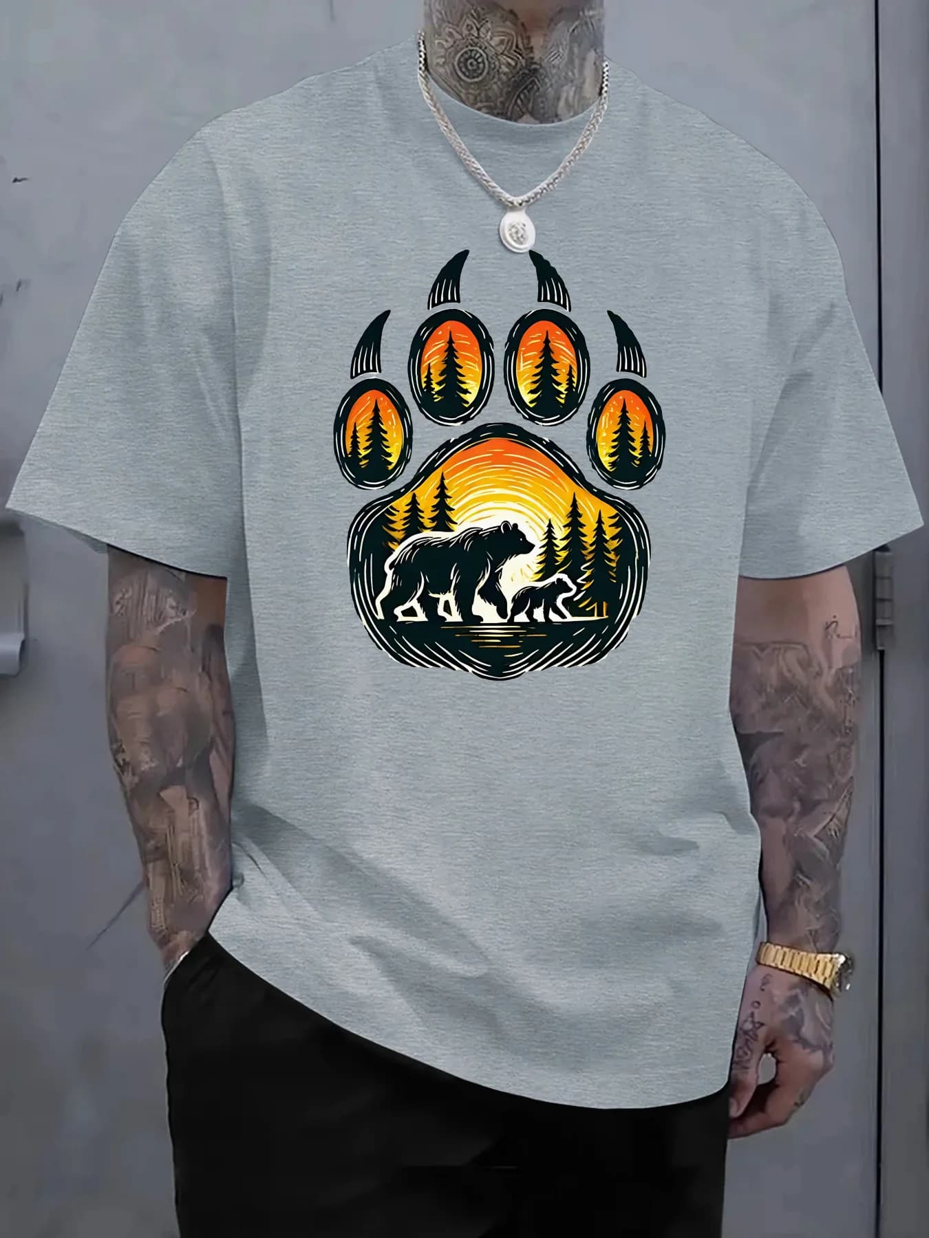 Featuring a Unique Bear Family in a Scenic Forest Sunset Design pattern -100% cotton short sleeve O-neck printed men's T-shirt.